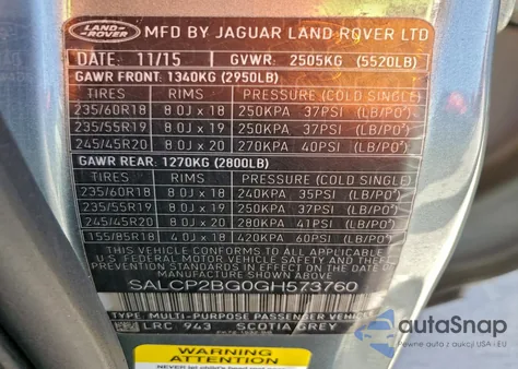2016 Land Rover Discovery Sport Se из США, поврежденный, VIN SALCP2BG0GH573760